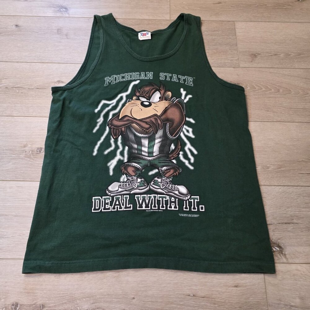Vtg Y2K 90's Looney Tunes Michigan State MSU Shirt Tank Top Taz Devil XL READ